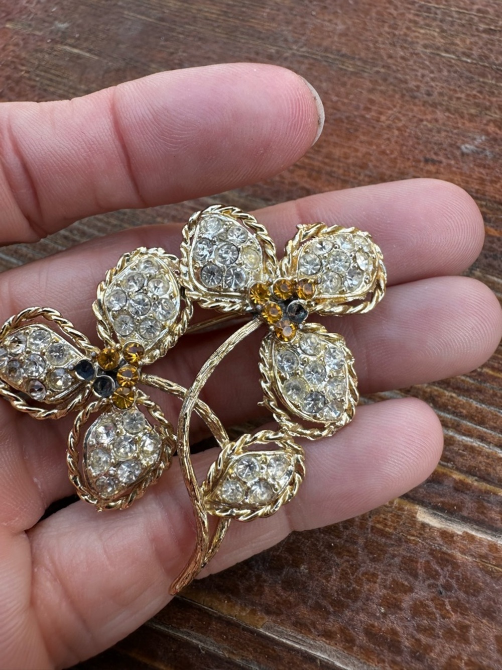 Vintage Rhinestone Floral Brooch – Clear & Topaz Crystal Flower Spray - Picture 6 of 6